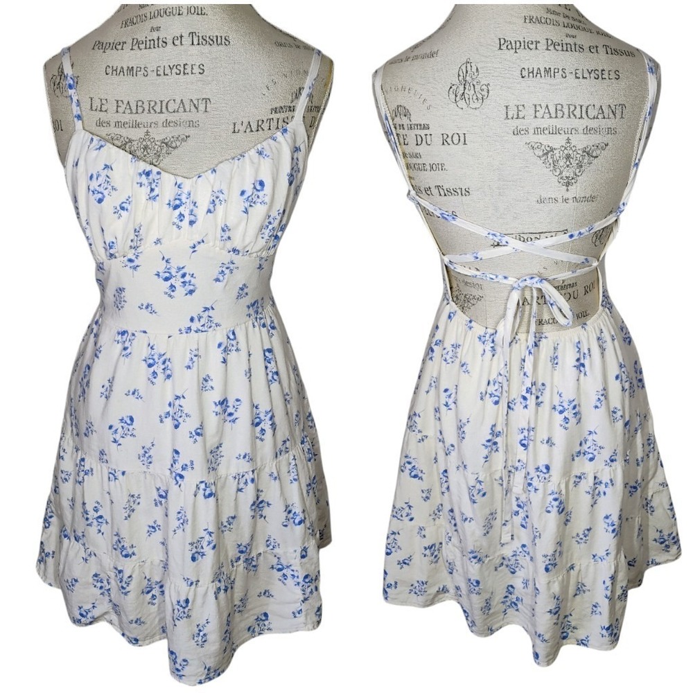 Hollister Linen‎ Blend Milkmaid Dress Womens Small White Floral Tiered Babydoll